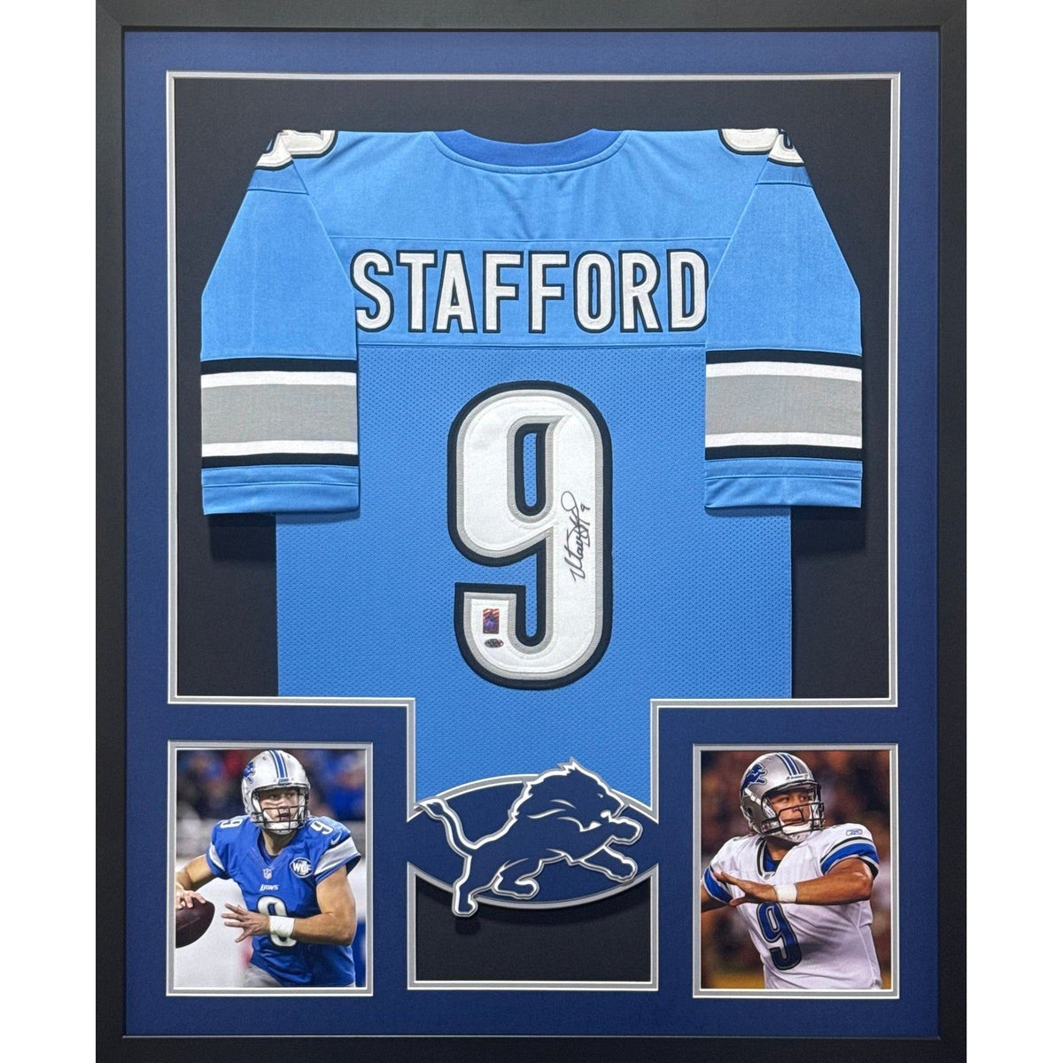 Matt Stafford Framed Signed Blue Jersey GTSM Autographed Detroit Lions