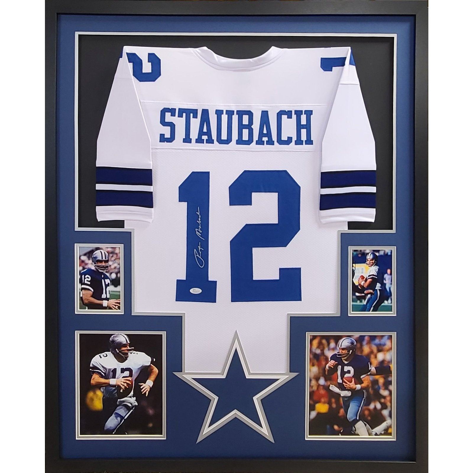 Roger Staubach Framed Signed White Jersey JSA Autographed Dallas Cowboys