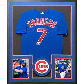 Dansby Swanson Framed Signed Blue Jersey Fanatics Autographed Chicago Cubs