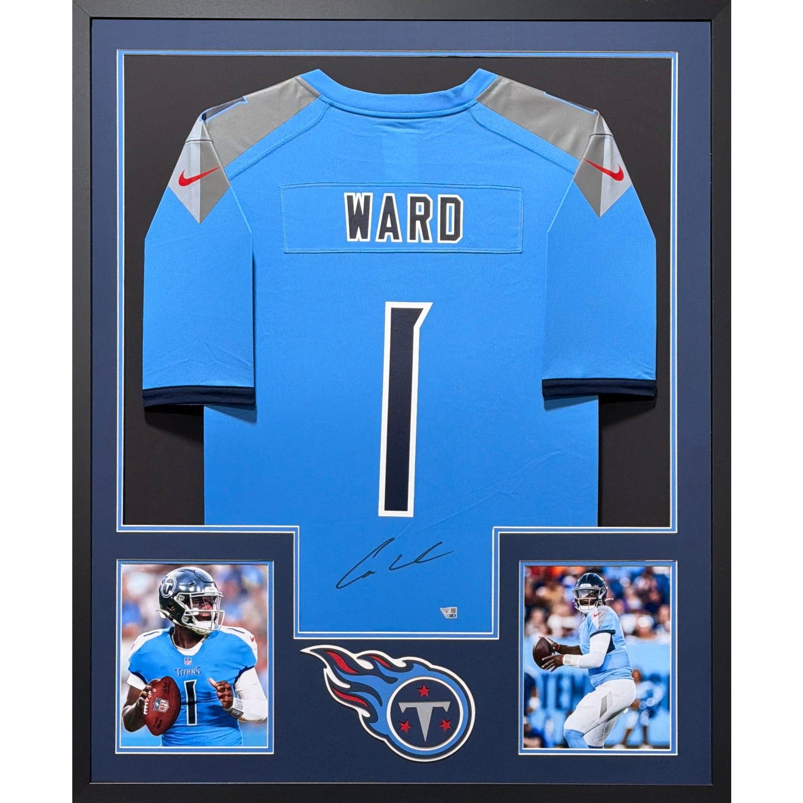 Cam Ward Framed Signed Tennessee Titans Blue Jersey Fanatics Autographed