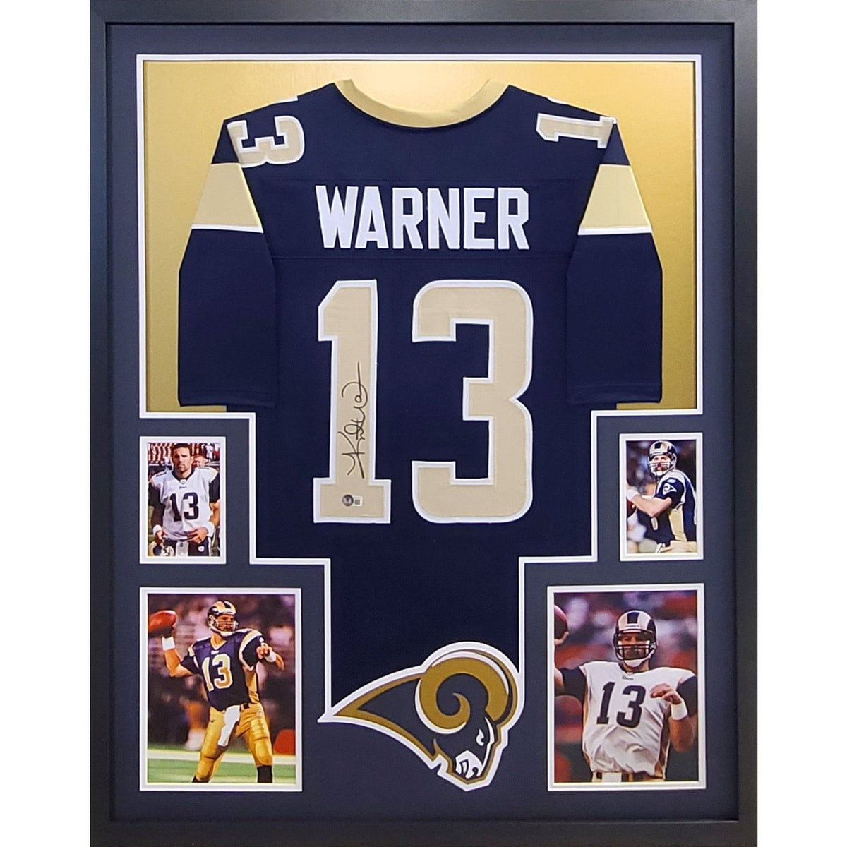 Kurt Warner Signed Framed Navy Jersey Beckett Autographed St. Louis Rams