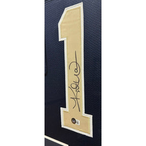 Kurt Warner Signed Framed Navy Jersey Beckett Autographed St. Louis Rams