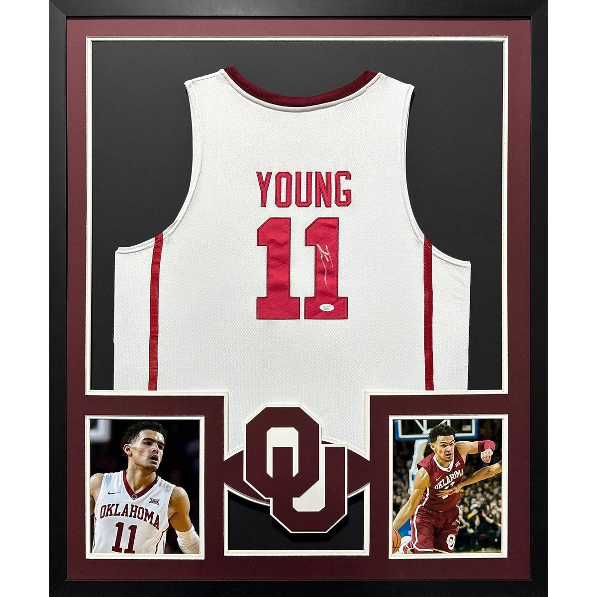 Trae Young Framed Signed Oklahoma White Jersey JSA Autographed