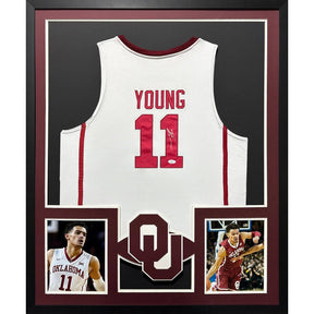 Trae Young Framed Signed Oklahoma White Jersey JSA Autographed