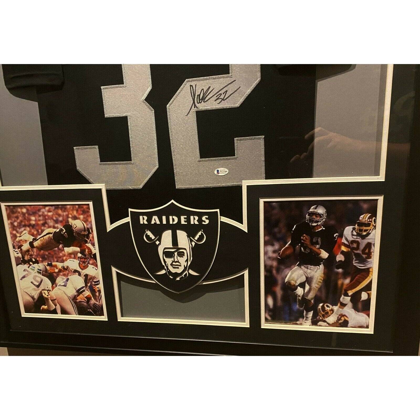 Marcus Allen Framed and Autographed White Raiders Jersey (24x30)