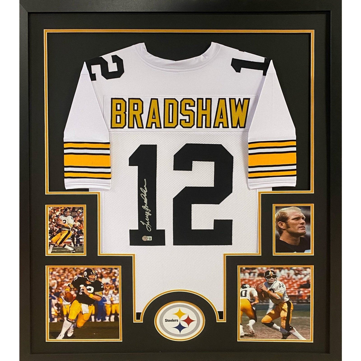 Terry Bradshaw Framed Signed WHT Jersey Beckett Autographed Pittsburgh Steelers