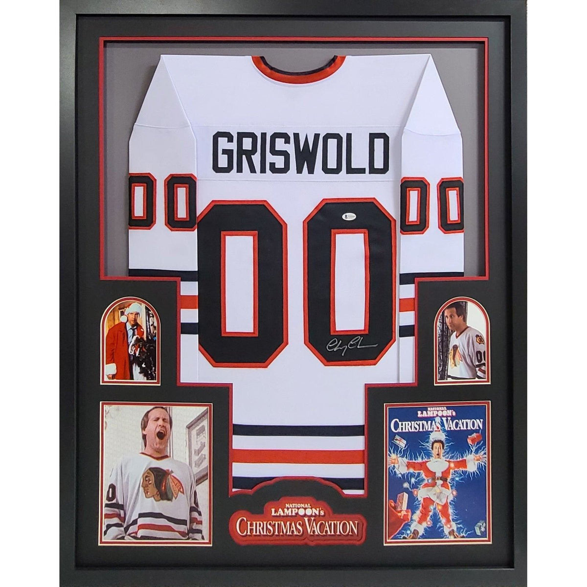 Framed Autographed/Signed Chevy Chase 33x42 Clark Griswold Christmas  Vacation Movie Chicago White Hockey Jersey Beckett BAS COA
