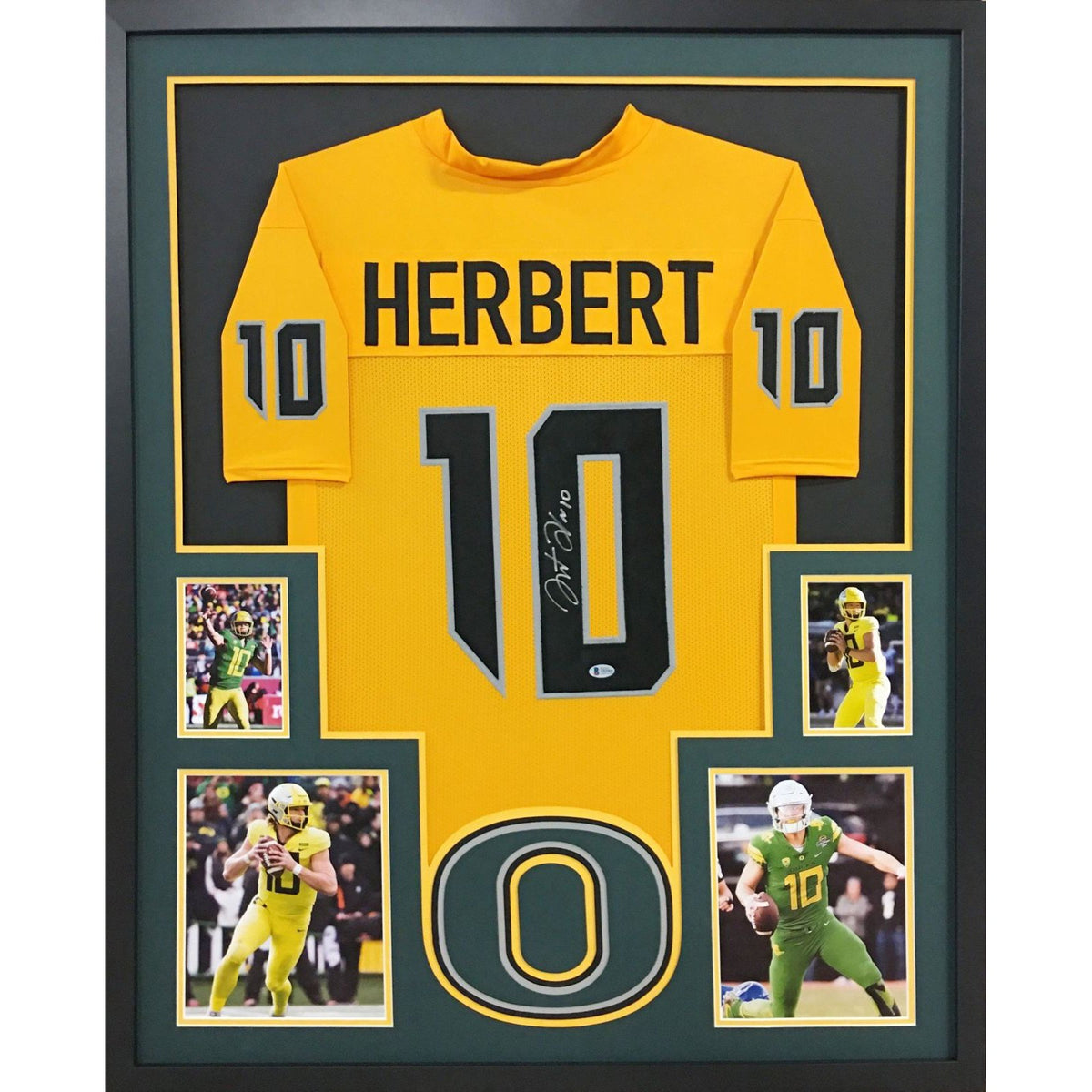 Justin Herbert Framed Yellow Jersey Autographed Signed Beckett Oregon Ducks