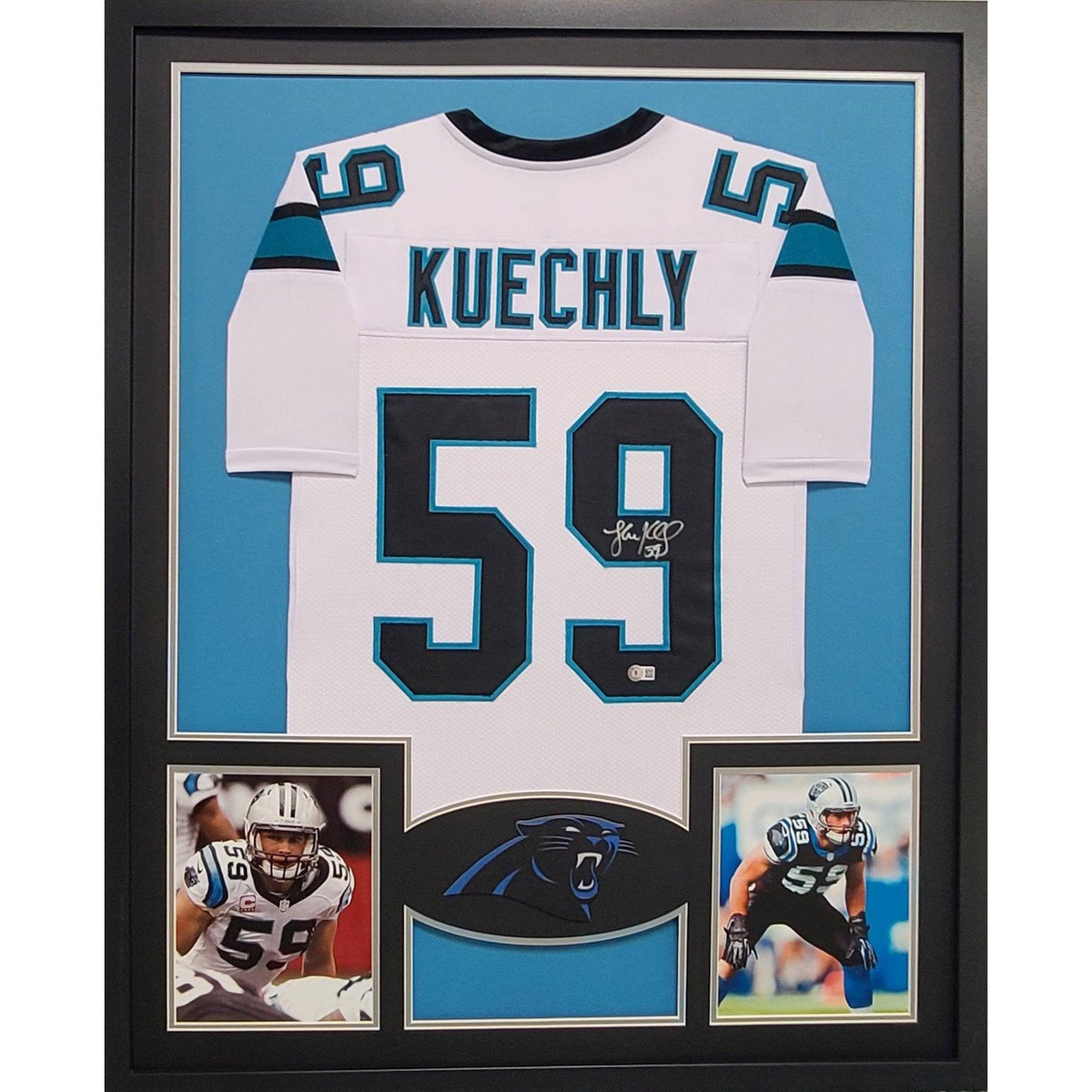 Luke Kuechly Autographed and Framed Blue Panthers Jersey